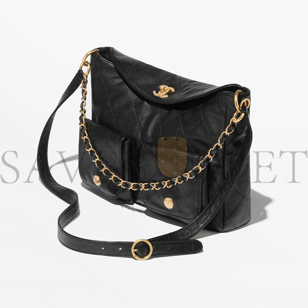 CHANEL LARGE HIPPIE BAG SHINY CALFSKIN AND GOLD TONED METAL BLACK AS4668 (30*21.5*5 cm)